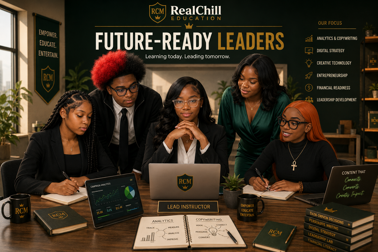 RealChill Education leadership team gathered around a laptop under a Future-Ready Leaders banner